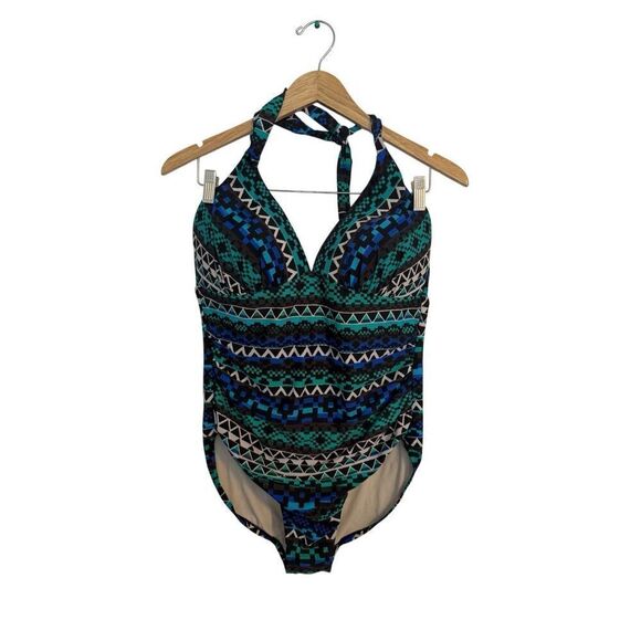 Merona Geometric Print Green Blue Black Halter One Piece Padded Swimsuit Large - Picture 3 of 15